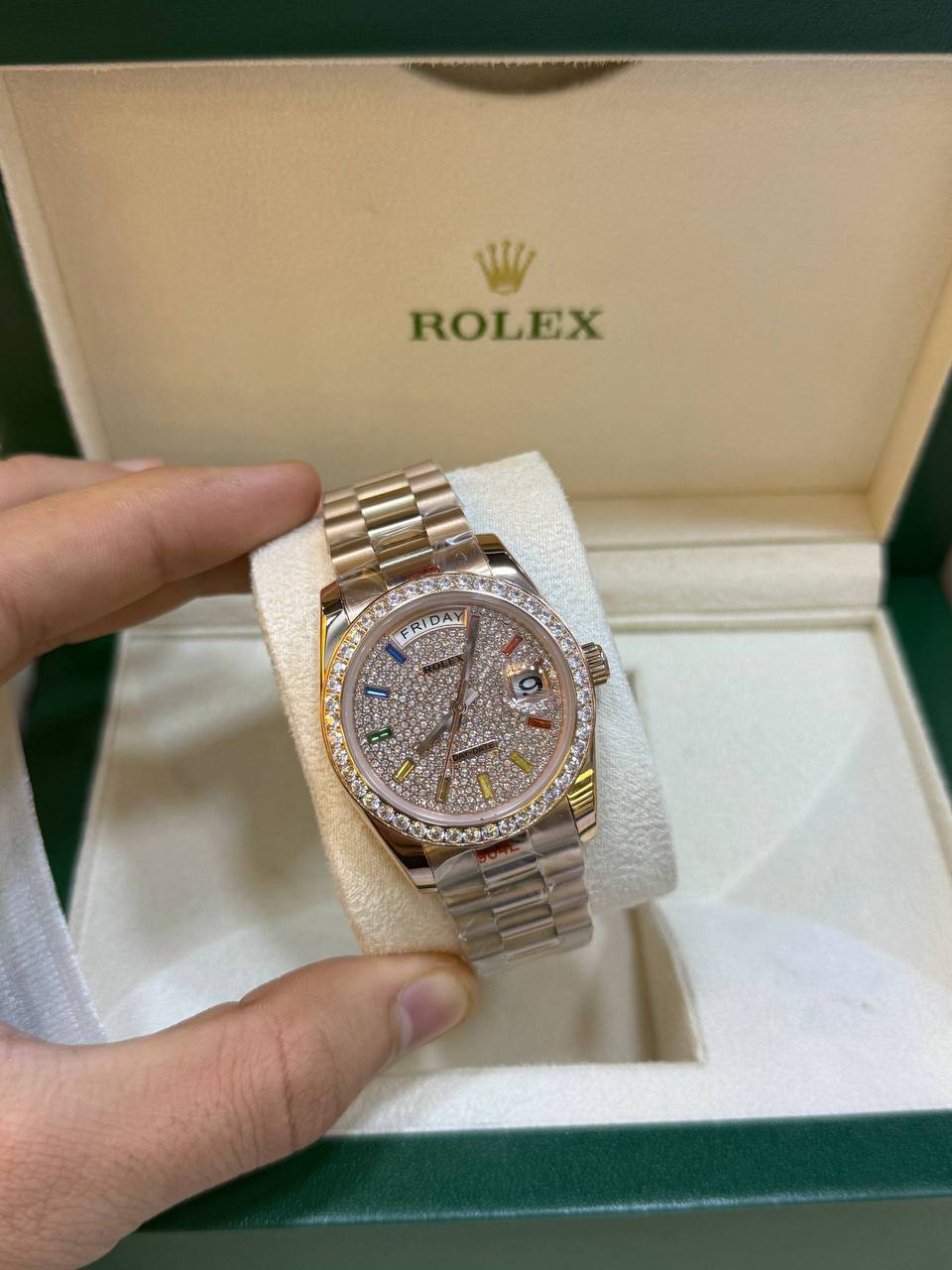 Rolex Day-Date 36 ainbow Diamond Pave Dial Rose Gold Diamond Bezel